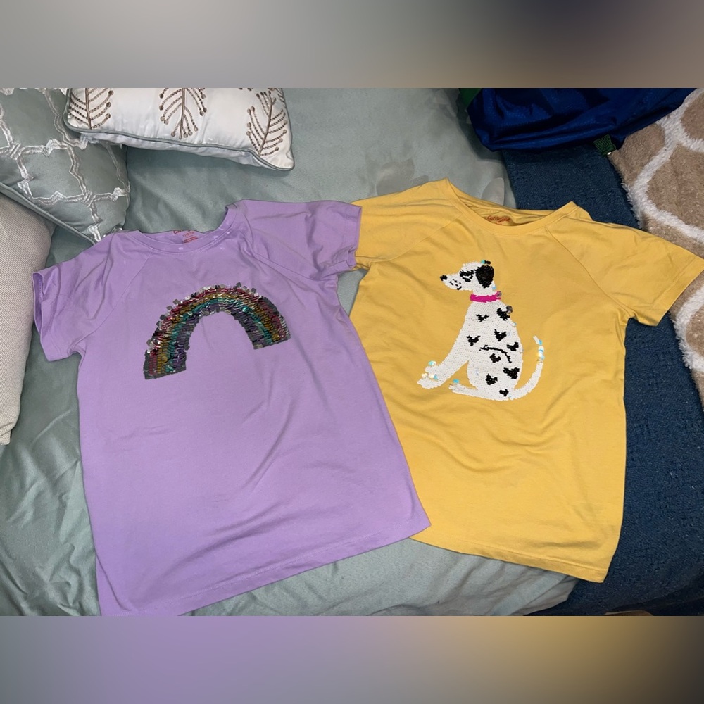 Cat & Jack sequin girls shirts Dalmatian dog and rainbow size 10/12 large. eUC